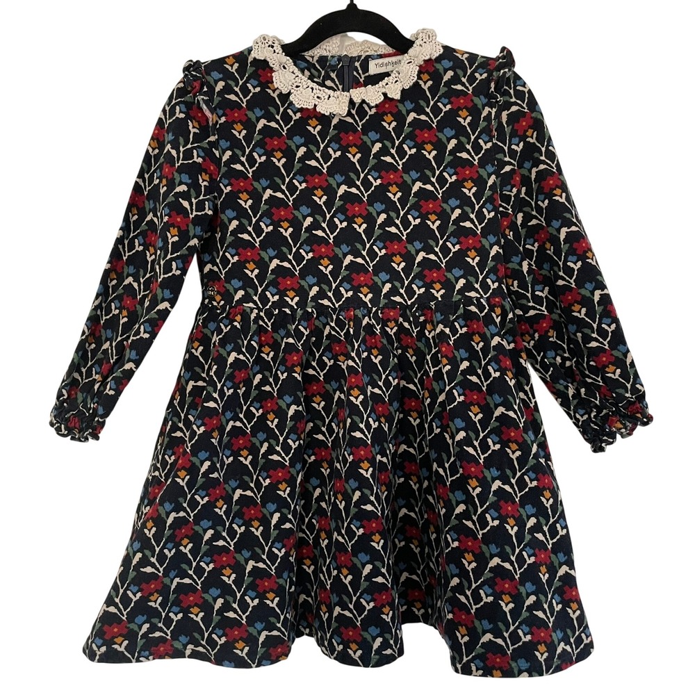 Yidishkeit Flannel Long Sleeve Dress Crochet‎ Collar Navy Floral Girls 6 Cottage